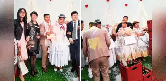 Familia china asiste a boda puneña y tiene inesperada reacción al ofrecerles una caja de cerveza