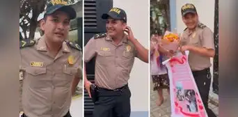 Policía es sorprendido con romántico regalo, pero su reacción impacta en redes: "Ven para acá"