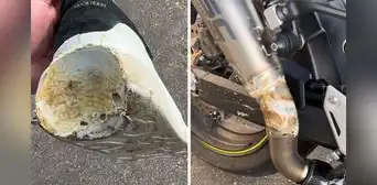Costosa zapatilla se quemó en el tubo escape caliente de una moto y video es furor en TikTok