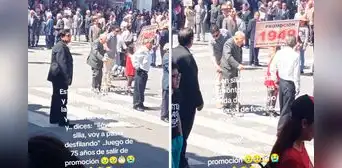 Adulto mayor en Ayacucho protagoniza emotivo momento al pararse de su silla y desfilar con su colegio