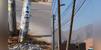 Poste a punto de caer pone en riesgo a vecinos de Chosica: solo se sostiene con los cables de luz Poste a punto de caer pone en riesgo a vecinos de Chosica: solo se sostiene con los cables de luz