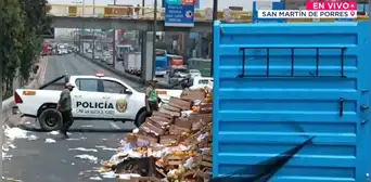 Caos vehicular en SMP: volcadura de camión con mangos bloquea un carril en la Panamericana Caos vehicular en SMP: volcadura de camión con mangos bloquea un carril en la Panamericana