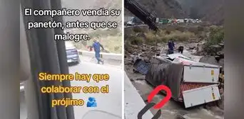 Comerciante conmueve al rematar sus panetones en plena carretera tras accidente en Lima