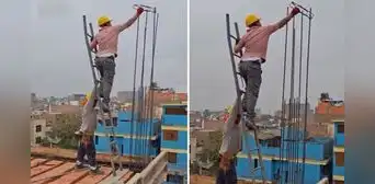 Obreros dejan atónitos a usuarios al usar escalera en techo de vivienda: “Irresponsable”