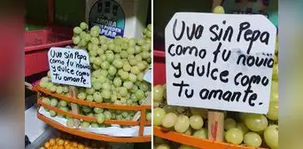 Comerciante peruana de uvas sorprende con ingenioso letrero: “Sin ‘pepa’ como tu novio”
