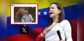 María Corina Machado le tiró un beso a los francotiradores de Maduro y causó euforia en redes: "Es icónico" María Corina Machado le tiró un beso a los francotiradores de Maduro y causó euforia en redes: "Es icónico"