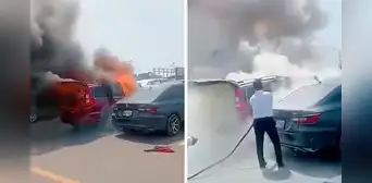 Auto se incendia en estacionamiento del aeropuerto Jorge Chávez y taxistas apagan el fuego con un extintor Auto se incendia en estacionamiento del aeropuerto Jorge Chávez y taxistas apagan el fuego con un extintor