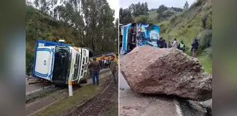 Chofer vuelca camión en la Carretera Central para esquivar roca gigante y se salva de milagro en Jauja