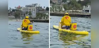 Heladero vende en el mar con una tabla de surf y usuarios bromean: “Siempre cerca de ti”