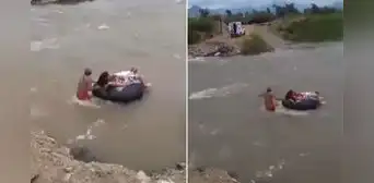 Mujer en trabajo de parto cruza río en cámara de llanta con su obstetra en Chiclayo por falta de puente Mujer en trabajo de parto cruza río en cámara de llanta con su obstetra en Chiclayo por falta de puente