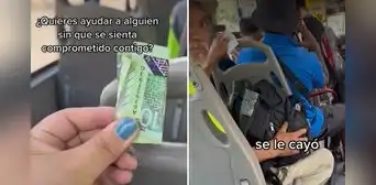Mujer dejó caer billete de S/10 para ayudar a hombre en bus y genera reacciones: "Empatía"
