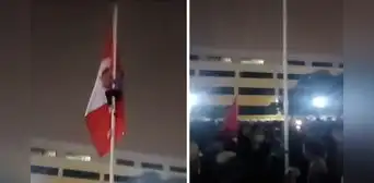 Joven genera indignación por subirse en un asta y derribar la bandera del Perú durante verbena en la UNMSM