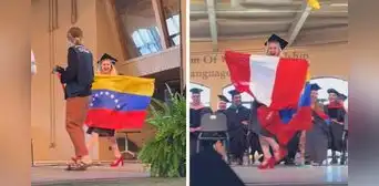Venezolana se gradúa en EE. UU. y sorprende al alzar la bandera peruana como símbolo de gratitud