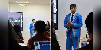 Universitario asiste a exposición con terno inspirado en bolsas de mercado y sorprende: “Calle, pero elegante”