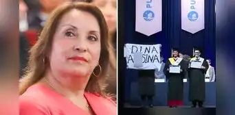 Egresado protesta contra Dina Boluarte con cartel en mano durante su graduación en la universidad Egresado protesta contra Dina Boluarte con cartel en mano durante su graduación en la universidad