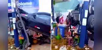 Aparatoso accidente en Los Olivos: auto se despista, choca contra poste y destruye puesto de comida ambulante