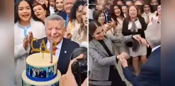 César Acuña aplaza conferencia de prensa para celebrar su cumpleaños y bailar con funcionarias César Acuña aplaza conferencia de prensa para celebrar su cumpleaños y bailar con funcionarias