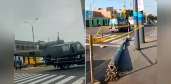 Helicóptero que era trasladado por camión choca y derriba un poste en el Callao