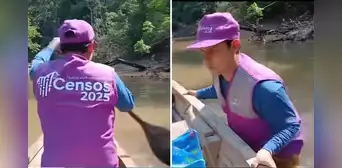 Censista llega en bote para cumplir con su trabajo y redes lo bautizan como el “Aquaman del INEI”
