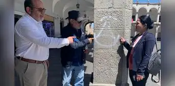 Arequipa: indignación por grafiti en columna de portal de la Plaza de Armas Arequipa: indignación por grafiti en columna de portal de la Plaza de Armas