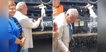 Cesar Acuña rompe botella en entrega de camiones, pero champán le empapó la cara y redes ironizan: “¿Así se inaugura ahora?” Cesar Acuña rompe botella en entrega de camiones, pero champán le empapó la cara y redes ironizan: “¿Así se inaugura ahora?”
