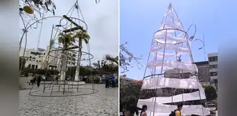 Árbol de Navidad instalado en la plaza principal de Chiclayo genera indignación y rechazo entre los vecinos: "Parece papel higiénico en un tubo"