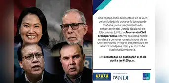 IPSOS anuncia que publicará su conteo rápido este lunes lunes a las 6:00 de la tarde