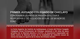 Condenan a 20 años de prisión efectiva a responsable de violación sexual de menor de edad Condenan a 20 años de prisión efectiva a responsable de violación sexual de menor de edad