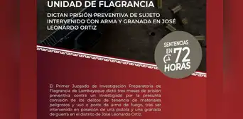 Dictan prisión preventiva a sujeto intervenido con arma y granada en José Leonardo Ortiz