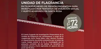 Dictan nueve meses de prisión preventiva por tentativa de violación sexual en Santa Rosa Dictan nueve meses de prisión preventiva por tentativa de violación sexual en Santa Rosa