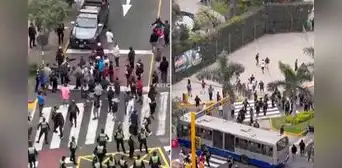 Policías y transportistas se enfrentan por carril exclusivo del Corredor Azul en la Av. Arequipa Policías y transportistas se enfrentan por carril exclusivo del Corredor Azul en la Av. Arequipa