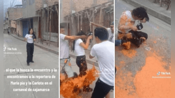 Reportera terminó de color naranja luego de que unos ciudadanos cajamarquinos la bañaran en pintura. Foto: composición LOL / TikTok