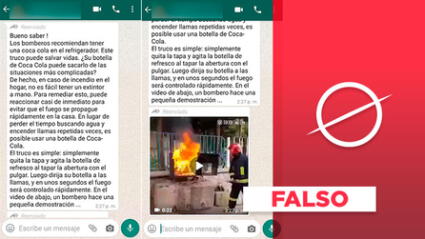 Es falso que bomberos recomienden apagar incendio con Coca Cola como indica cadena de WhatsApp