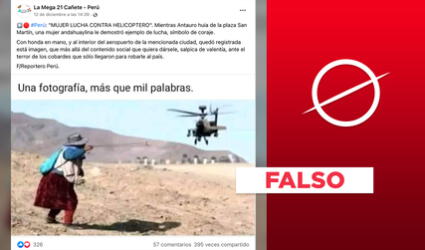 Es falsa la foto viral de una mujer “luchando” contra un helicóptero en Andahuaylas: es un montaje