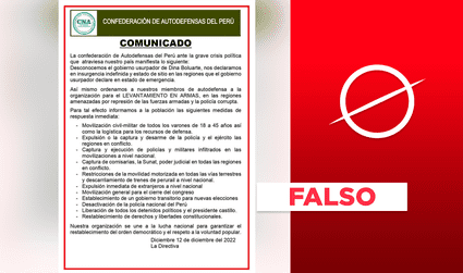 Es falso el “comunicado” de la Confederación de Autodefensas del Perú que llama al levantamiento en armas