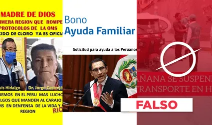 Publicaciones sobre “Bono Ayuda Familiar”, “uso de dióxido de cloro en Madre de Dios” y “suspensión del transporte en Huánuco” son falsas