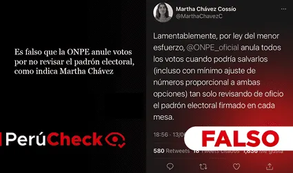 Es falso que la ONPE anule votos por no revisar el padrón electoral, como indica Martha Chávez