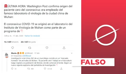 Es falso que Washington Post confirmó que paciente cero de COVID-19 trabajaba en laboratorio de Wuhan