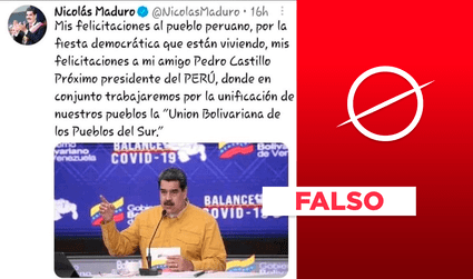Es falso el supuesto tuit en el que Nicolás Maduro felicita a Pedro Castillo