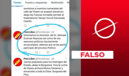 Es falso el presunto tuit de Perú Libre que pide la amnistía de Abimael Guzmán