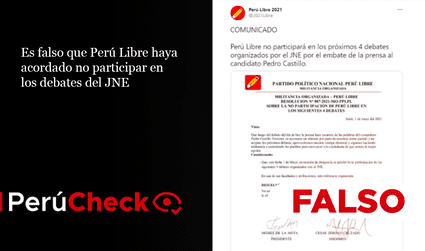 Es falso que Perú Libre haya acordado no participar en los debates del JNE