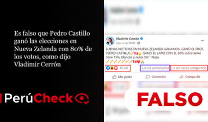 Es falso que Perú Libre ganó las elecciones en Nueva Zelanda con 80% de los votos, como apuntó Vladimir Cerrón