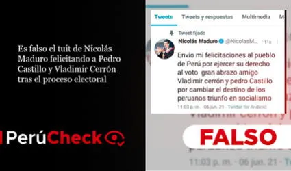 Es falso el tuit en el que Nicolás Maduro “felicita” a Pedro Castillo y Vladimir Cerrón por las elecciones