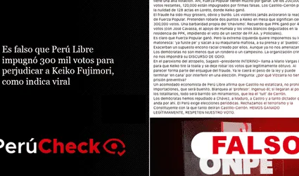 Es falso que Perú Libre impugnó 300 mil votos para perjudicar a Keiko Fujimori, como indica viral