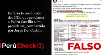Es falsa la resolución del JNE, que proclama a Pedro Castillo como presidente, compartida por Jorge Del Castillo