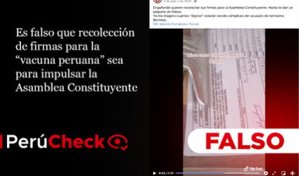 Es falso que recolección de firmas para la “vacuna peruana” sea para impulsar la Asamblea Constituyente