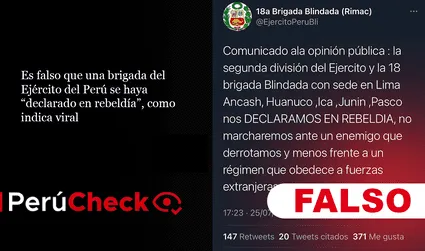 Es falso que una brigada del Ejército del Perú se haya “declarado en rebeldía”, como indica viral