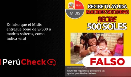 Es falso que el Midis entregue bono de S/ 500 a madres solteras, como indica mensaje viral