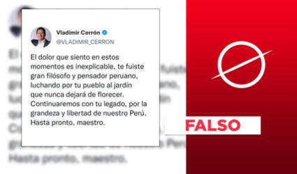 Es falso el tuit en el que Vladimir Cerrón dice sentir dolor por la muerte de Abimael Guzmán