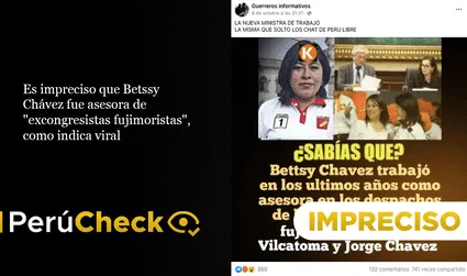 Es impreciso que Betssy Chávez fue asesora de “excongresistas fujimoristas”, como indica viral